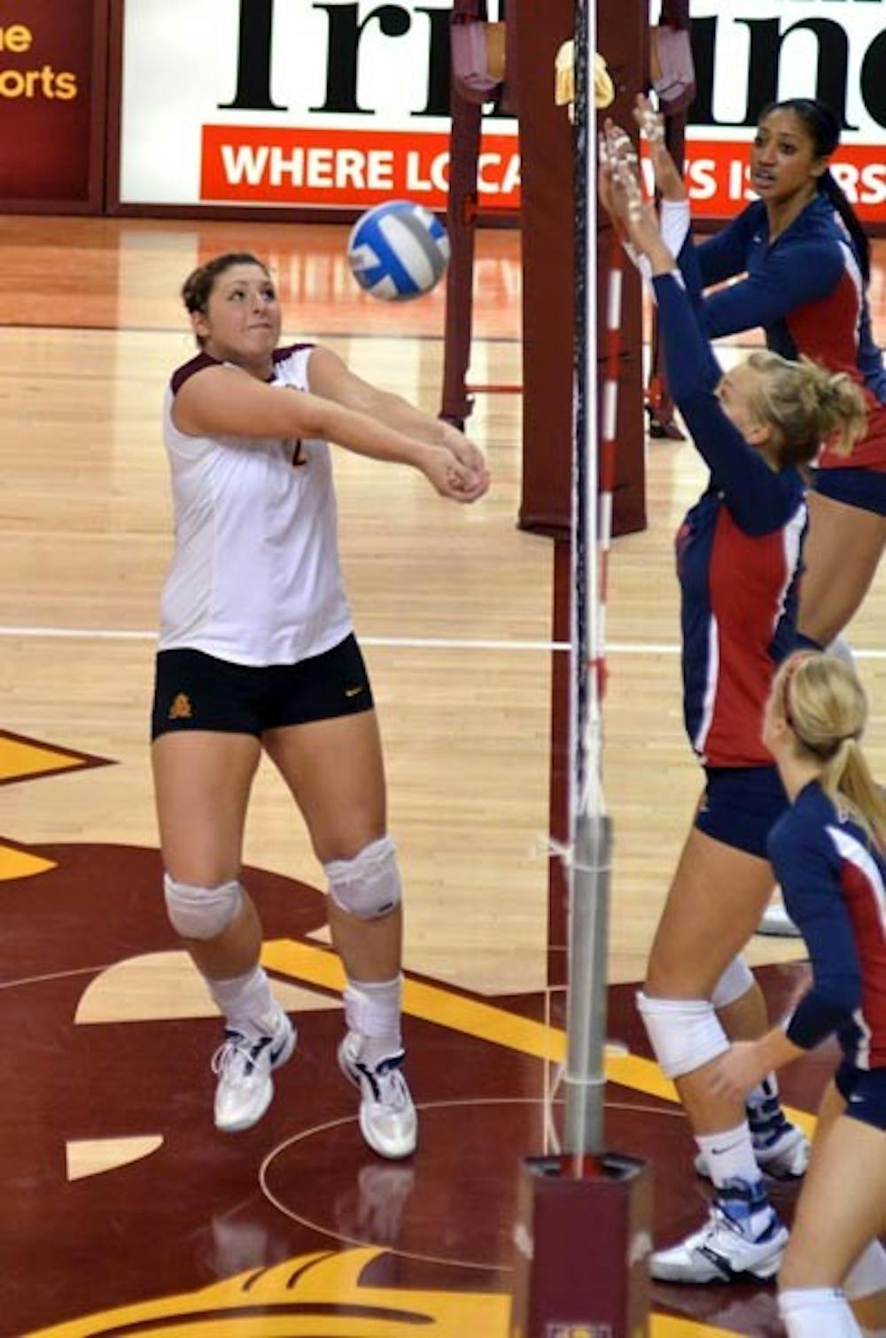 THE MARK: Junior middle blocker Sonja Markanovich bumps a ball during a match earlier this season. The Sun Devils look to repeat a sweep of USC and UCLA on Friday and Saturday, but this time play in Los Angeles. (Photo by Aaron Lavinsky)