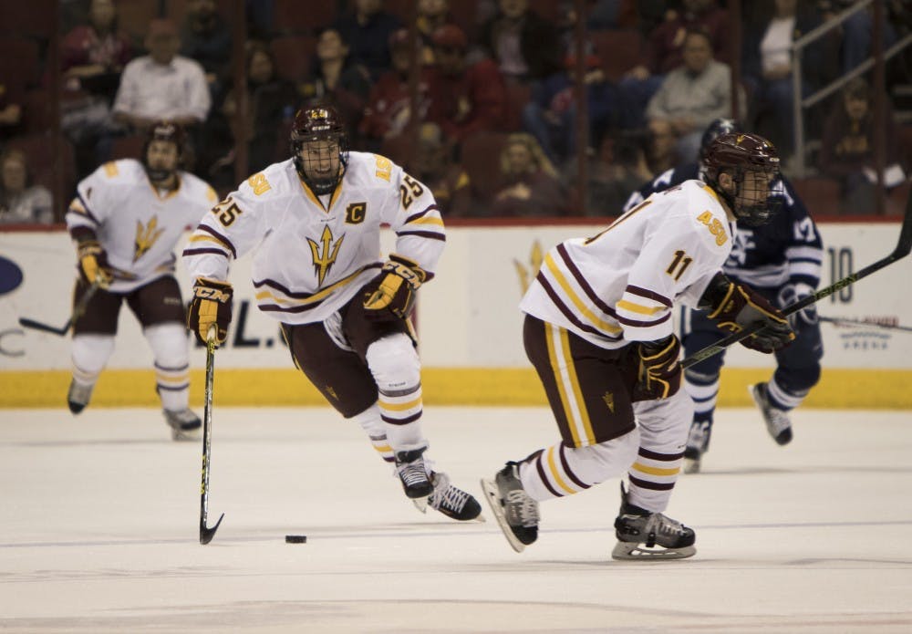 Graduate student forward Liam Norris (25) brings the puck past the neutral zone in the first period against Yale on Friday, Jan. 8, 2016, at Gila River Arena in Glendale. The Bulldogs defeated the Sun Devils 4-0. 