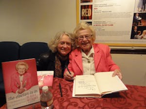 Dr. Ruth Westheimer poses with Jane Ridley&nbsp;at the signing of her book, "The Doctor Is In." 
