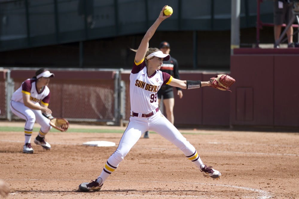 ASU junior pitcher Breanna Macha (99) pitches the ball during game one of a three game softball series versus the Oregon State Beavers at Alberta B. Farrington Softball Stadium in Tempe, Arizona on Saturday, March 25, 2017. ASU won 8-0.