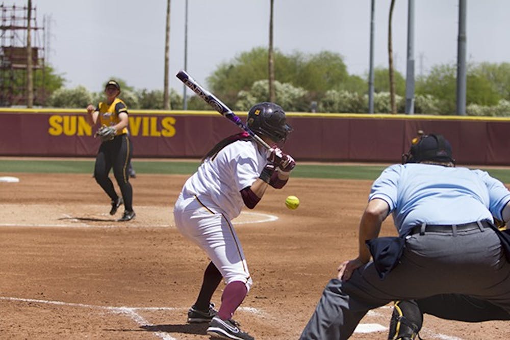 Junior first baseman Bethany Kemp prepares to swing during a game against Southern Mississippi on Sunday, April 27. The Sun Devils won the game 5-0. (Photo by Diana Lustig)
