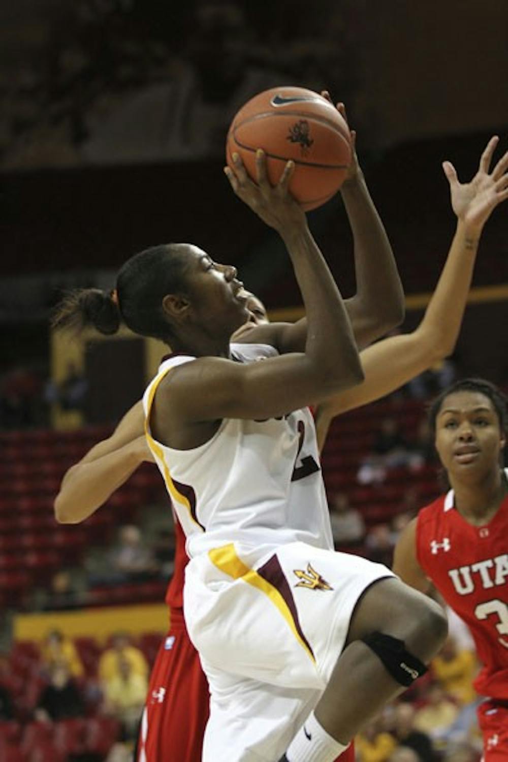 Senior guard Micaela Pickens pulls up for an off-balanced shot during the Sun Devils’ 59-51 win over Utah last season on Jan. 21. (Photo by Sam Rosenbaum)