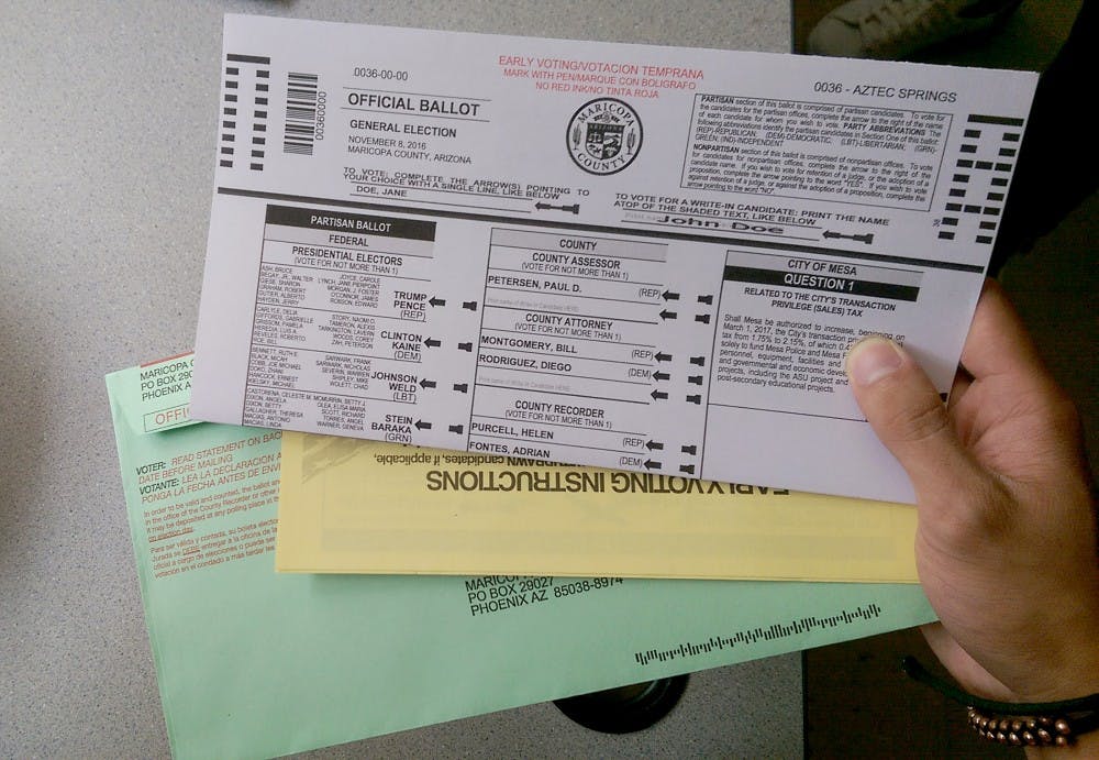 An Arizona early voting ballot guide, pictured on Oct. 16, is what many Tempe voters will be using to turn&nbsp;their votes in from Oct. 12 to Nov. 4 for this election.