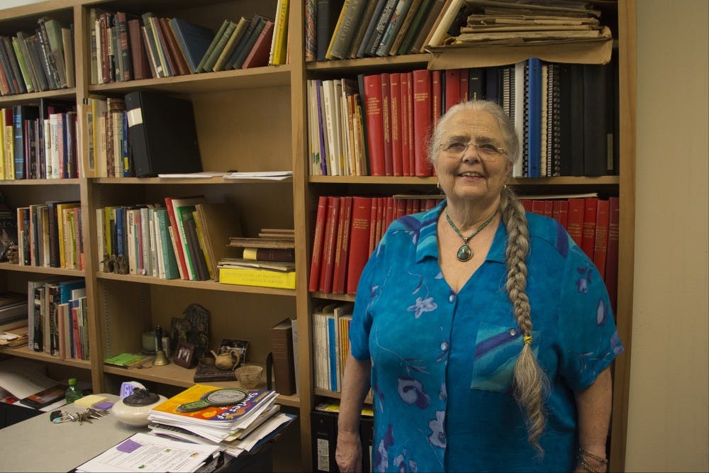 Professor Mary Erickson poses for a portrait in her office on Monday, Sept. 28, 2015. Erickson, who specializes in research in art education, has been teaching at ASU for 48 years.
