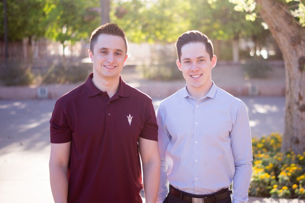 Ryan Miller and Dillon Osborn pose for a portrait in front of the Memorial Union on March 22, 2016. They created Easy Class Guide as a way to provide rate my professor-like functionality integrated with ASU's class schedule.