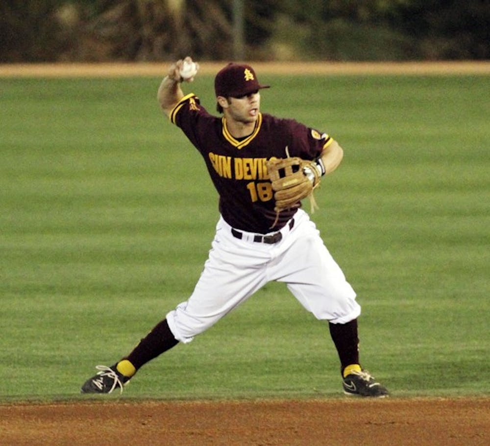 Joey DeMichele throws the ball to first base in a game against Oregon State on April 6. DeMichele drove in two runs in the Sun Devils’ 3–1 victory over the Lobos. (Photo by Sam Rosenbaum)