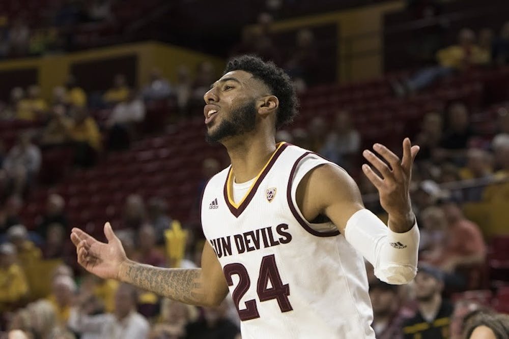 Junior guard Andre Spight reacts after missing a three-point attempt in the second half against Sacramento State on Friday, Nov. 13, 2015, at Wells Fargo Arena in Tempe. The Hornets defeated the Sun Devils 66-63.