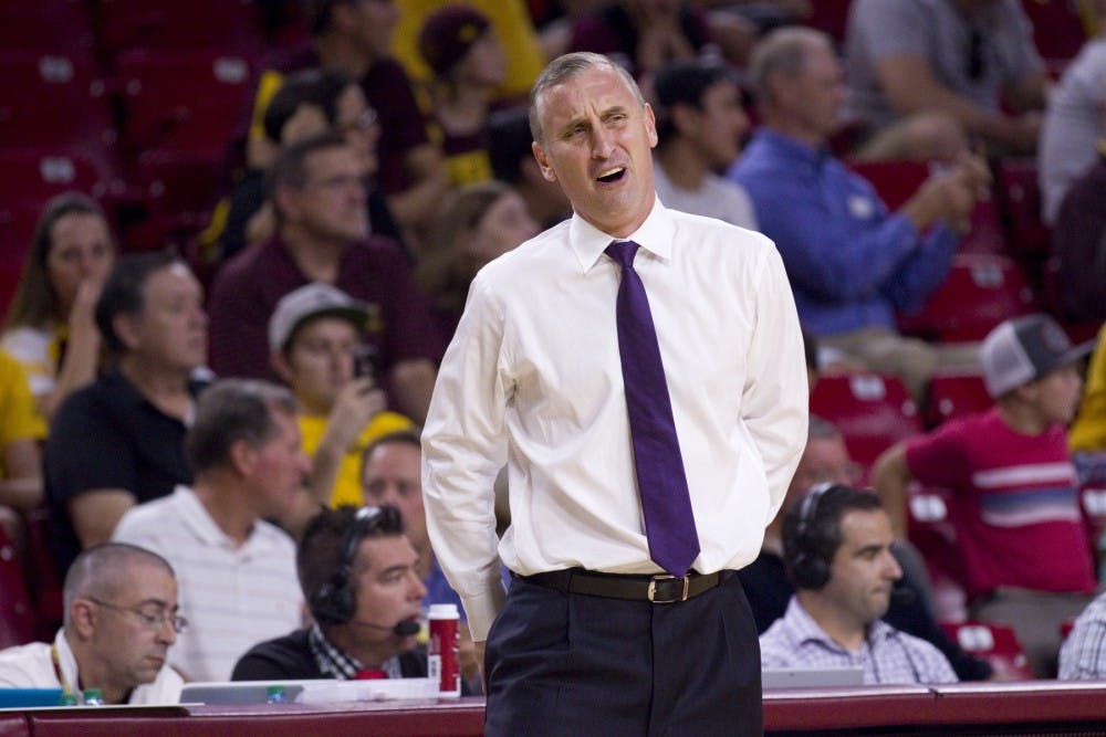 ASU men's basketball head coach Bobby Hurley reacts to a call in the second half of a 127-110 victory over the Citadel Bulldogs in Wells Fargo Arena in Tempe, Arizona on Wednesday, Nov. 23, 2016.