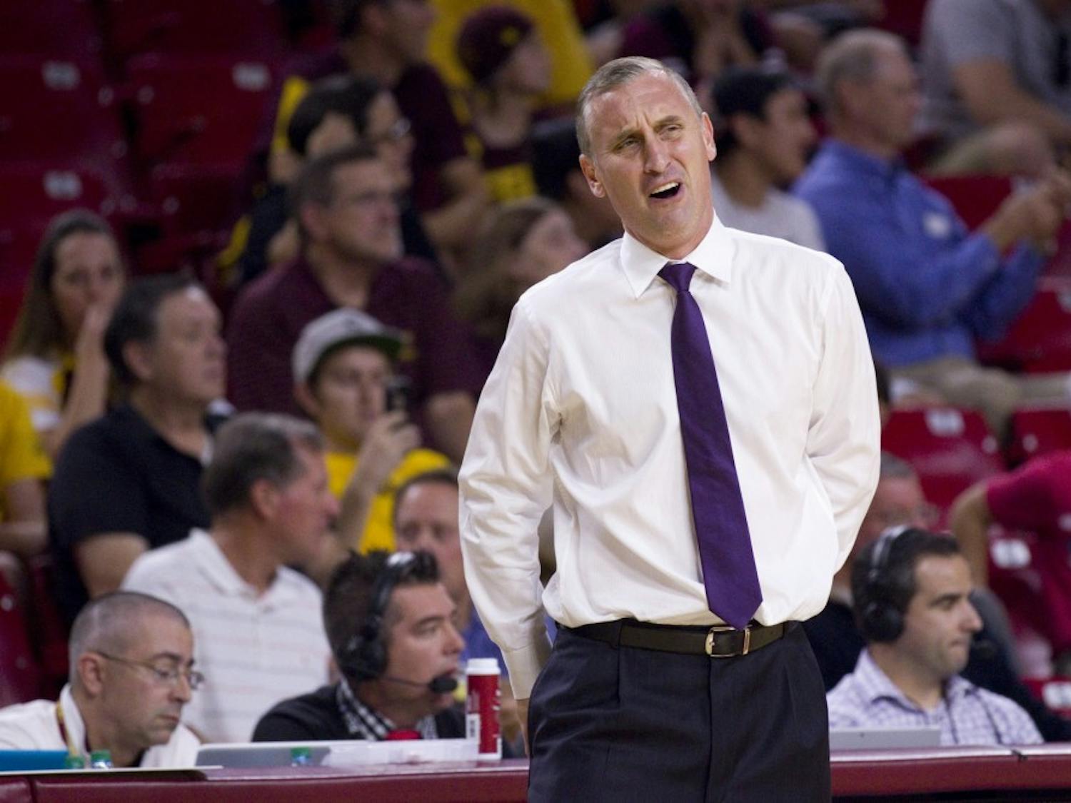 ASU men's basketball head coach Bobby Hurley reacts to a call in the second half of a 127-110 victory over the Citadel Bulldogs in Wells Fargo Arena in Tempe, Arizona on Wednesday, Nov. 23, 2016.