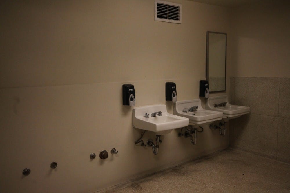 The men's bathroom on the basement level of the Memorial Union is pictured on Sunday, Feb. 14, 2016.
