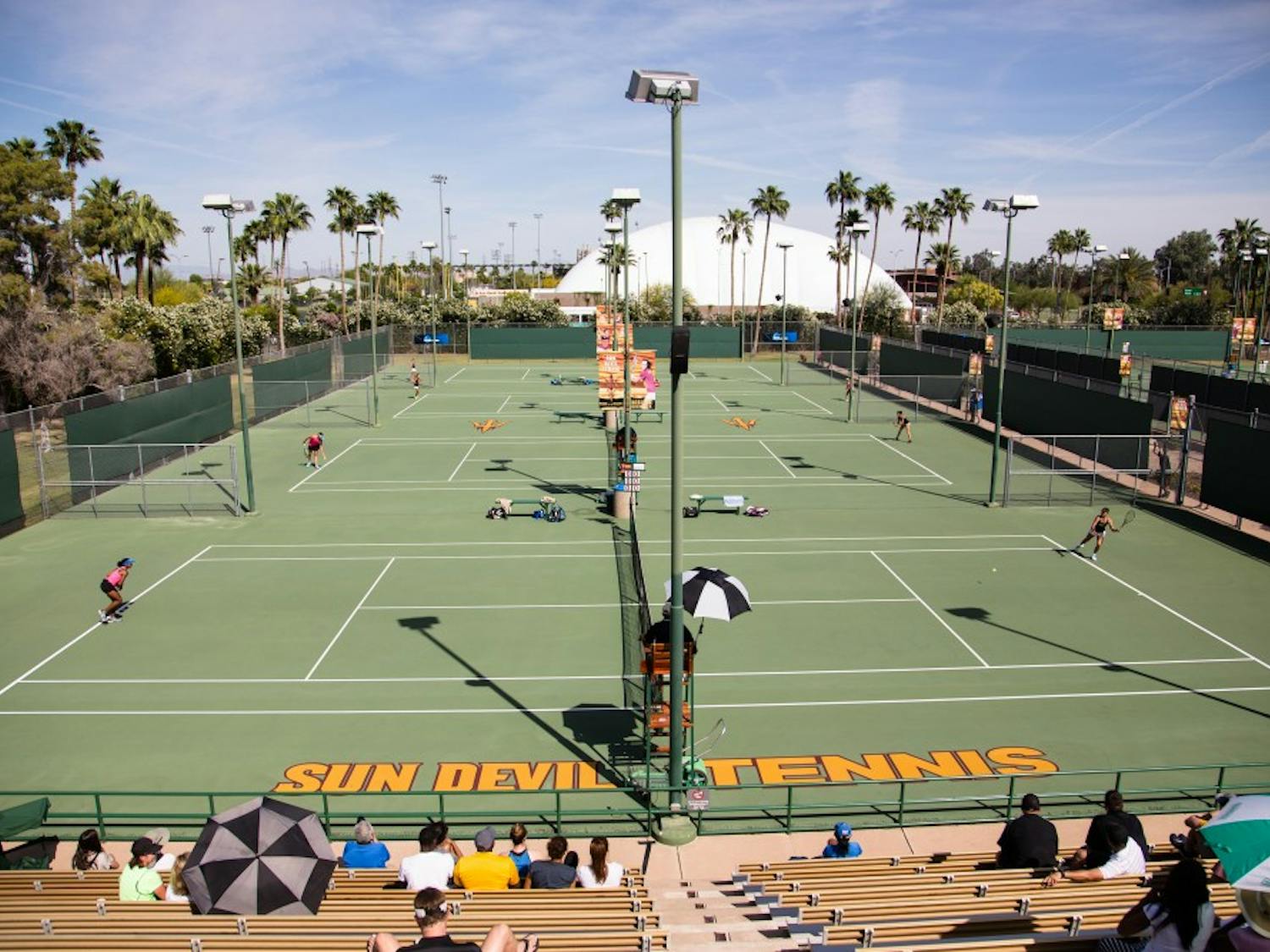 The Sun Devil women's tennis team squares of against UCLA at the Whiteman Tennis Center on April 3rd, 2015. The Sun Devils would lose to the Bruins 3-4.