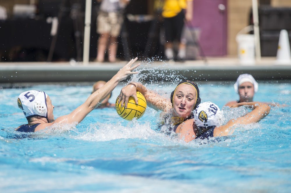 ASU defender Katie Svercheck looks to pass during a game against the Cal State Bears at Mona Plummer Aquatic Center in Tempe, Arizona, on Saturday, April 2, 2016. The Sun Devils won the match, 7-6, in sudden-death overtime. 