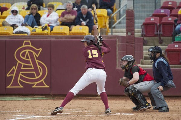 READY TO LAUNCH: ASU senior infielder Katie Crabb waits for a pitch during the Sun Devils’ win against Rutgers last month.  ASU beat St. Johns 16-0 and Creighton 11-8 Wednesday at Farrington Stadium. (Photo by Michael Arellano)