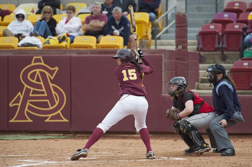 READY TO LAUNCH: ASU senior infielder Katie Crabb waits for a pitch during the Sun Devils’ win against Rutgers last month.  ASU beat St. Johns 16-0 and Creighton 11-8 Wednesday at Farrington Stadium. (Photo by Michael Arellano)