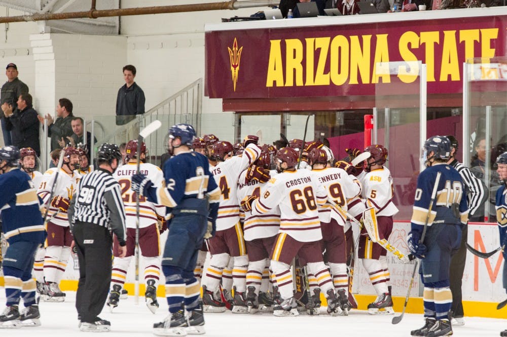 ASU celebrates a shootout win against Wisconsin Eau  Claire on  Saturday, Feb. 6, 2016 at  Oceanside Arena in Tempe.