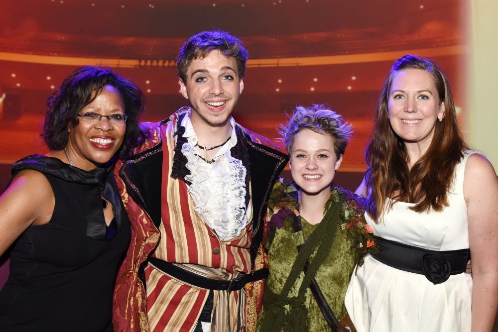 Nominees Holly Payne and Noah King pose for a photo with ASU Gammage Executive Director&nbsp;Colleen Jennings-Roggensack and ASU Gammage Program Manager&nbsp;Melissa Vuletich&nbsp;after a Mesa High School performance of Peter Pan at the&nbsp;ASU Gammage High School Musical Theater Awards. The two were nominated for best lead actor and actress for their roles in this musical production.