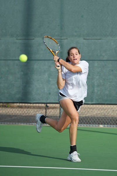 No Luck in Vegas: ASU senior Ashlee Brown returns the ball during a match earlier this season. Brown and her teammate, junior Sianna Simmons, made it to the doubles semifinals at the Freeman Memorial Championships but were stopped by a duo from UCLA. Photo by Michael Arellano