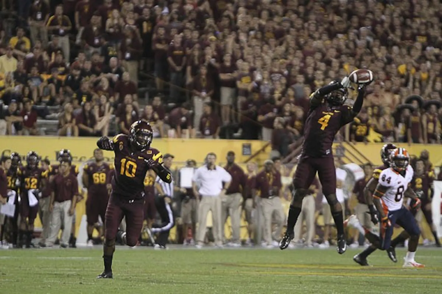 Redshirt senior safety Keelan Johnson (10) watches as Alden Darby (4) intercepts a pass. The ASU defense has been preparing to stop Missouri junior quarterback James Franklin all week in practice. (Photo by Sam Rosenbaum)