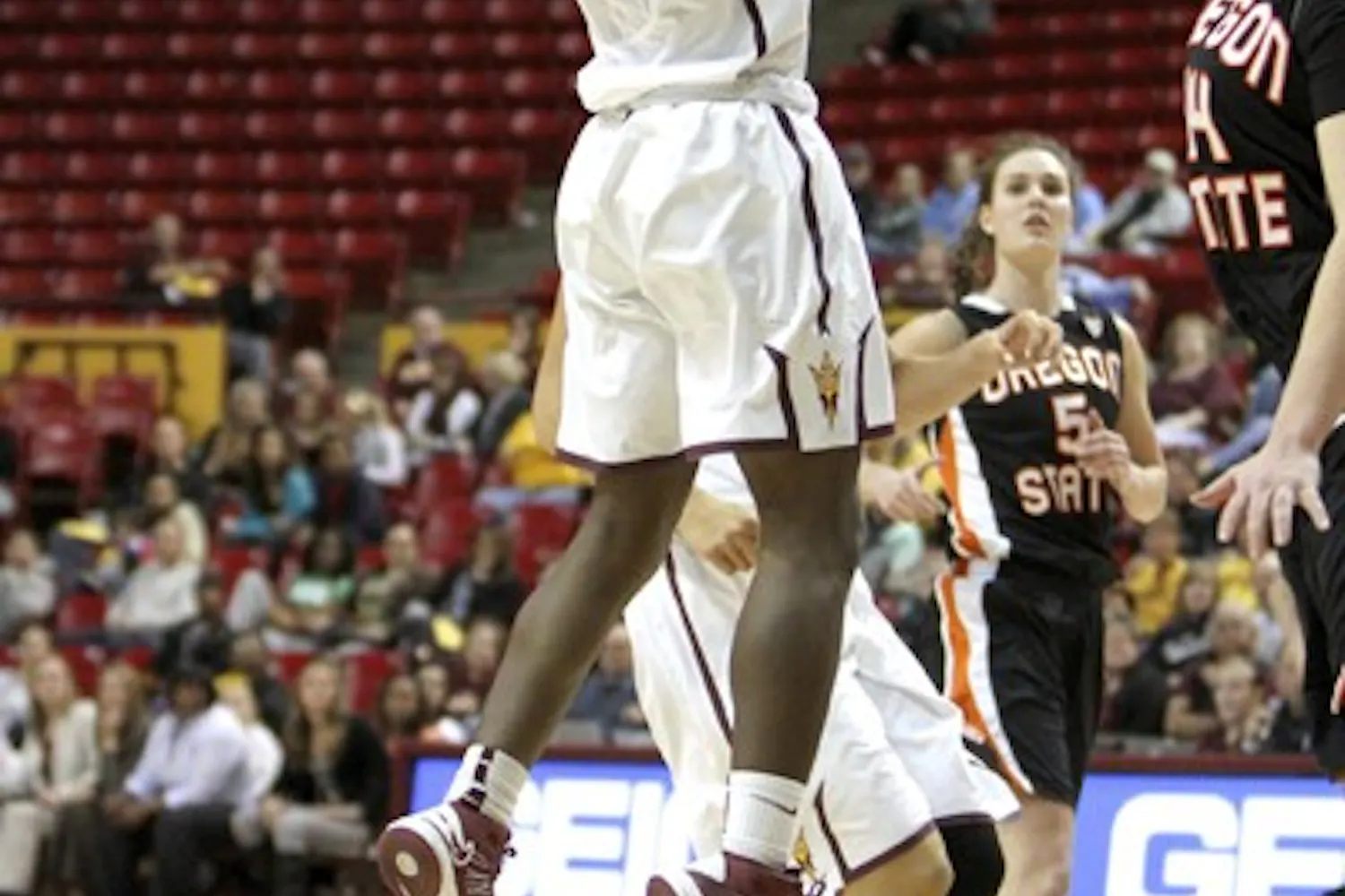 Sophomore guard Promise Amukamara pulls up for a jump shot during Sunday's game against Oregon State. The Sun Devils won 66-55. (Photo by Molly J Smith)