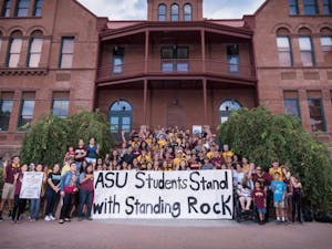Students at ASU pose for a&nbsp;group picture to show support for Standing Rock on Oct. 30, 2016.