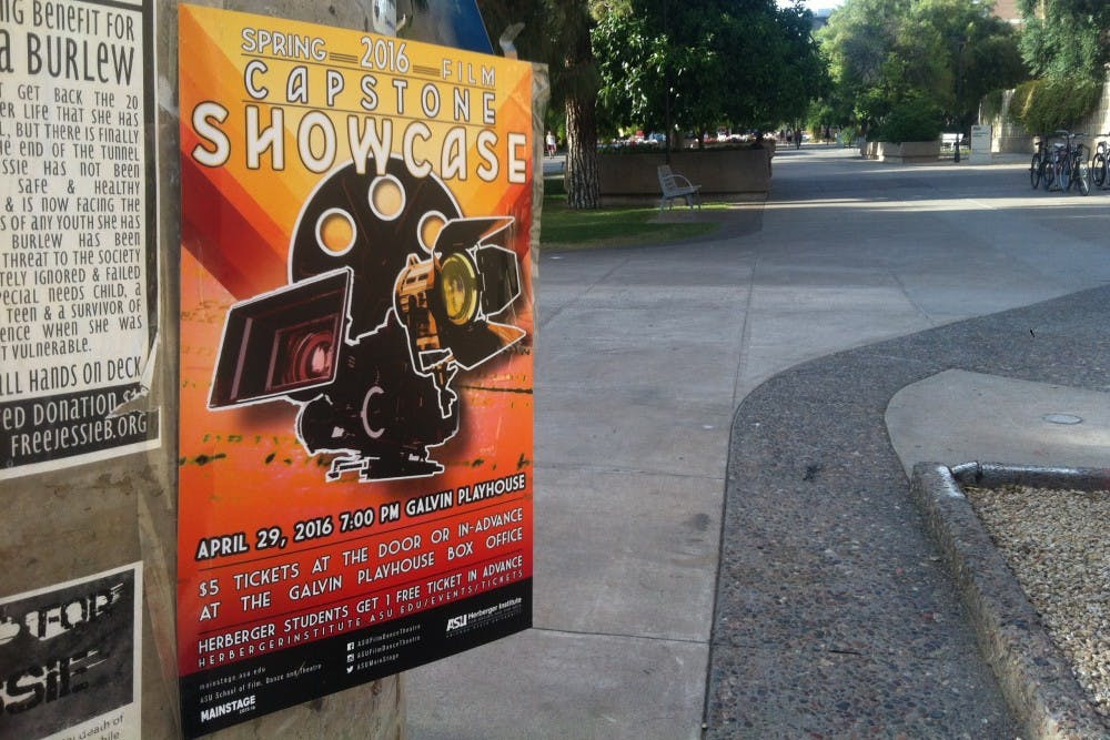 A poster on the Tempe campus&nbsp;advertises&nbsp;the&nbsp;2016 Spring Film Capstone Showcase&nbsp;at the Paul V. Gavin Playhouse on Friday, April 26, 2016.