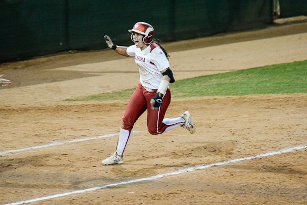 Oklahoma senior infielder Lauren Chamberlain rounds third base and heads for home after hitting a two-run home run against ASU on February 14, 2015, at Farrington Stadium in Tempe. Despite shutting out Oklahoma for the first five innings of the game, the Sun Devils fell to Oklahoma 5-1. (J. Bauer-Leffler/The State Press)