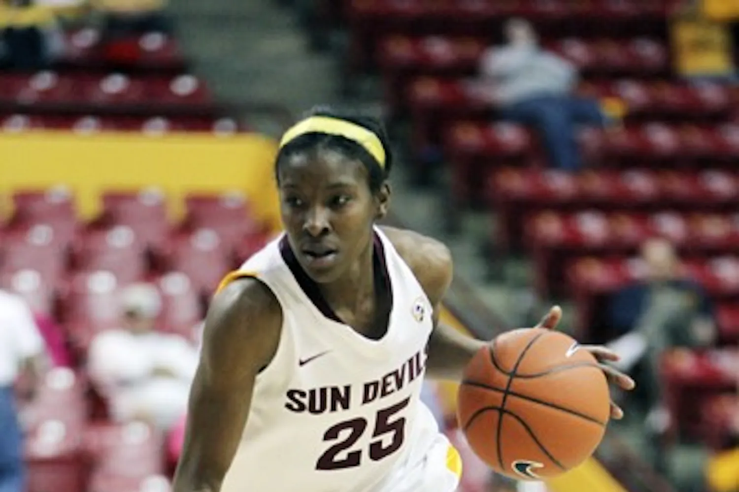 Kimberly Brandon dribbles the ball up the court in a game against Stanford on Feb. 2. Brandon is one of five Sun Devils playing their final games at Wells Fargo Arena this weekend. (Photo by Sam Rosenbaum)
