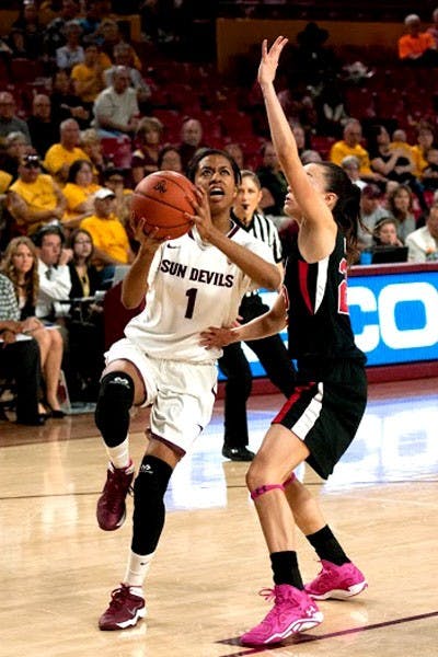 Sophomore guard Arnecia Hawkins scores a lay up on Feb. 23 at a home game against Utah. ASU won against Utah 60-40. (Photo by Mario Mendez)