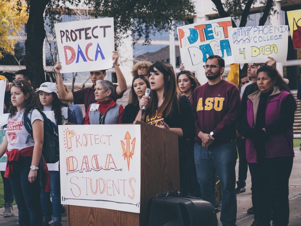 Aliento founder and ASU alumna Reyna Montoya speaks in favor of protecting DACA students at a rally.