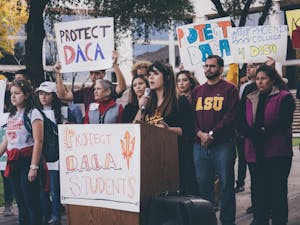 Aliento founder and ASU alumna Reyna Montoya speaks in favor of protecting DACA students at a rally.