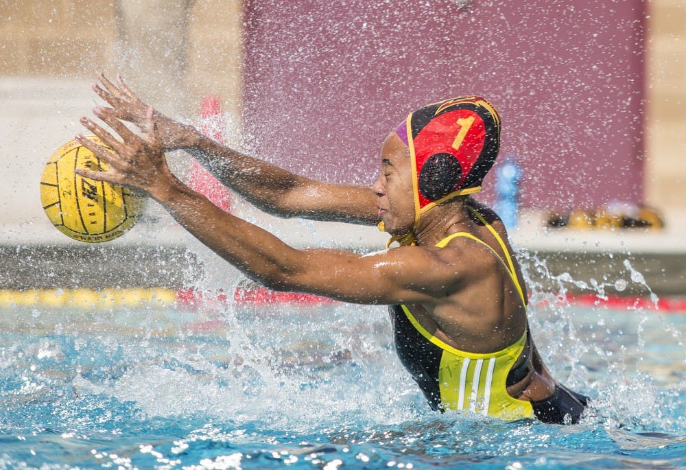 ASU goalie Mia Rycraw blocks a shot-on-goal during a game against the Indiana University Hoosiers at Mona Plummer Aquatic Center in Tempe, Ariz., on Sunday, Jan. 24, 2015. The Sun Devils won the game with a final score of 23-4. 