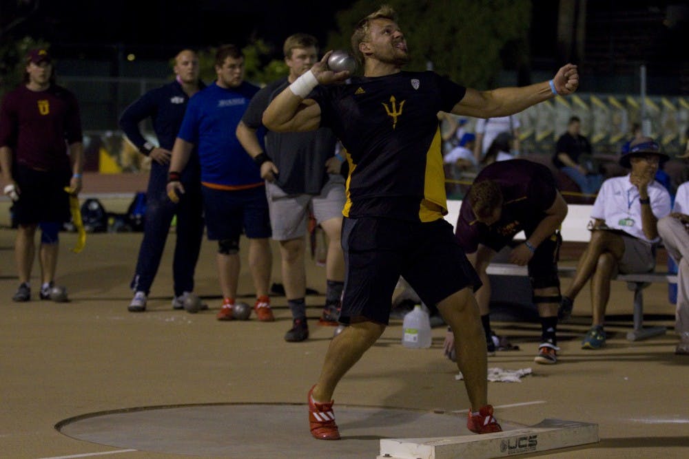 ASU redshirt senior Kyle Long competes men's shot put during the Sun Angel Classic on Saturday, April 8, 2017.