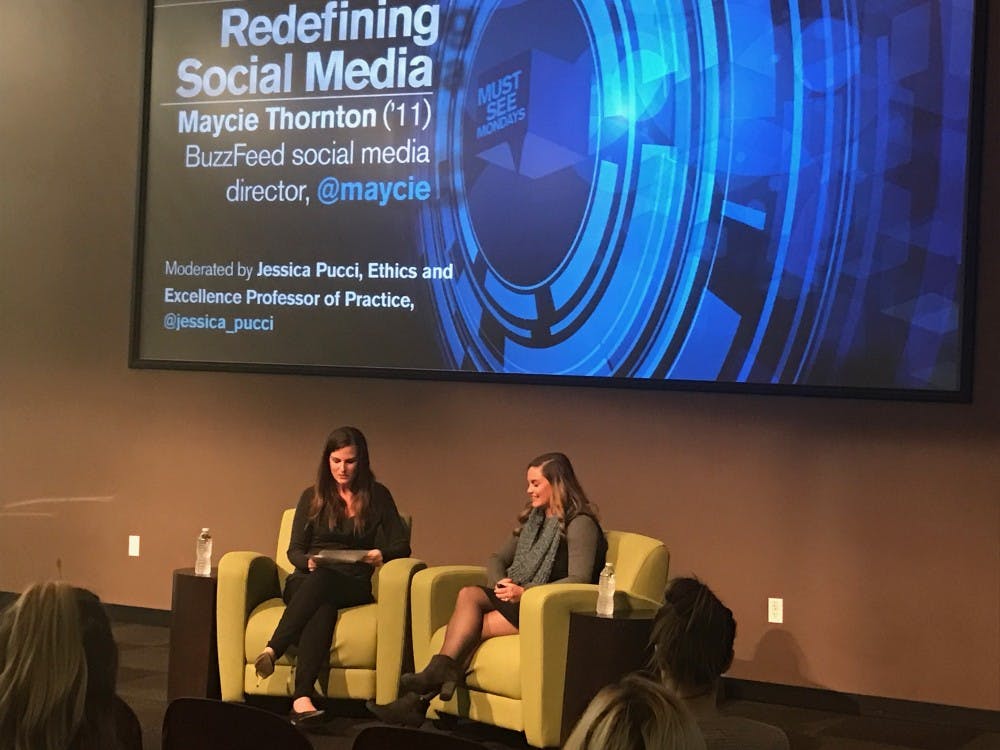 Jessica Pucci asks Maycie Thornton questions about working in the social media and news world at a Must See Mondays event at the ASU downtown campus on Feb. 20, 2017.