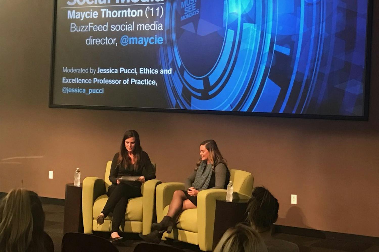 Jessica Pucci asks Maycie Thornton questions about working in the social media and news world at a Must See Mondays event at the ASU downtown campus on Feb. 20, 2017.
