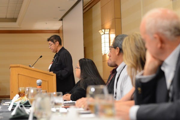 Psychology professor Delia Saenz introduces the panel of speakers at the Indigenous Sustainability Conference on Tuesday, Oct. 7. The event featured multiple speakers from the University.  (Photo by Jonathan Williams)