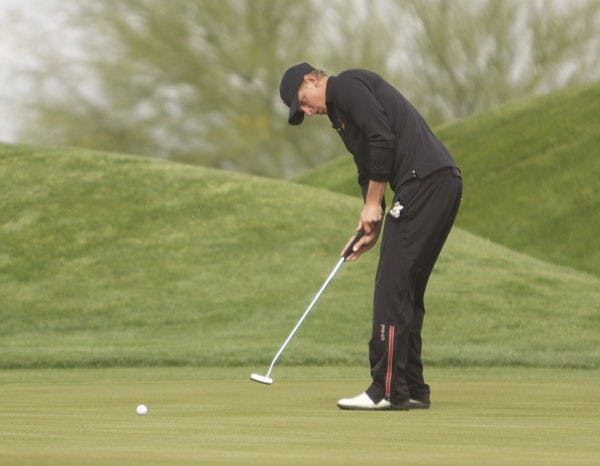 Conference Title Dreams: ASU senior Scott Pinckney lays out a putt at ASU Thunderbird Invitational on April 9. The Sun Devils will have one of the deepest rosters at the Pac-10 Championships, hosted by Stanford, on Friday. (Photo by Scott Stuk)