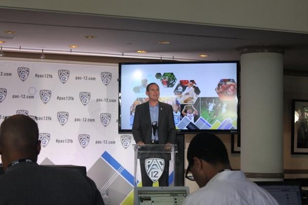 Pac-12 commissioner Larry Scott address media on day one of Pac-12 Media Days. (Photo by Bill Slane)