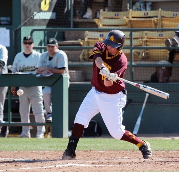 Abe Ruiz bats in a game against Western Michigan on Feb. 18. Ruiz had six RBI is the Sun Devils 10-0 win on Friday. (Photo by Tyler Emerick)