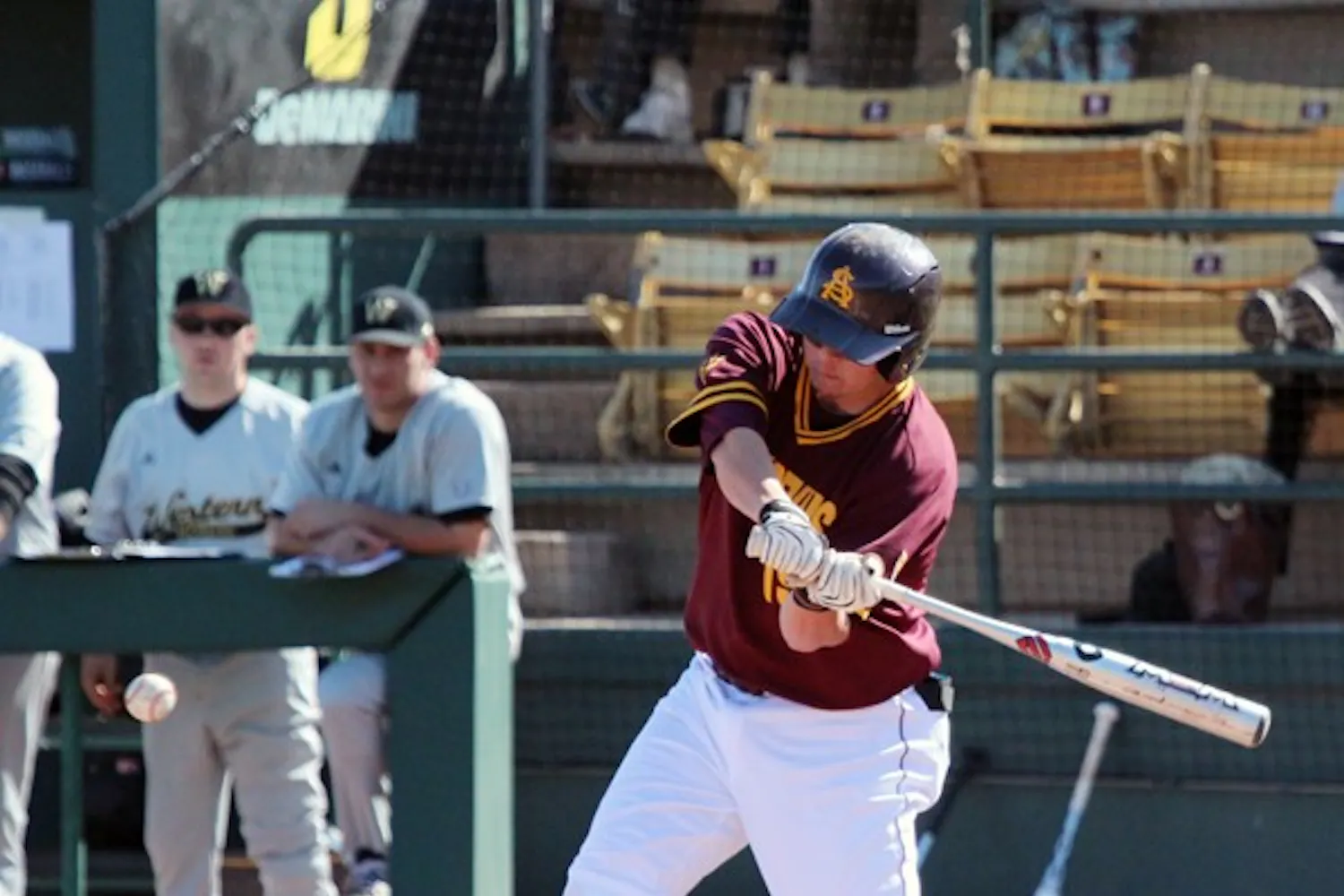 Abe Ruiz bats in a game against Western Michigan on Feb. 18. Ruiz had six RBI is the Sun Devils 10-0 win on Friday. (Photo by Tyler Emerick)