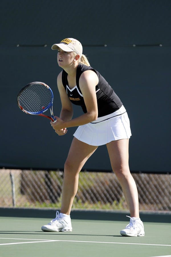 Joanna Smith prepares to return a serve in a match against Sacramento State on March 2. Smith and the Sun Devils were unable to find sustained success on the court when they lost to Stanford and Cal last weekend. (Photo by Sam Rosenbaum)
