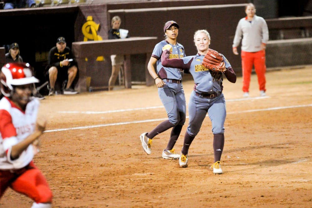 Sophomore pitcher Dale Ryndak makes the defensive play for an out at first base during the game against Houston on Friday, February 26, 2016, at Farrington Stadium in Tempe, Arizona.