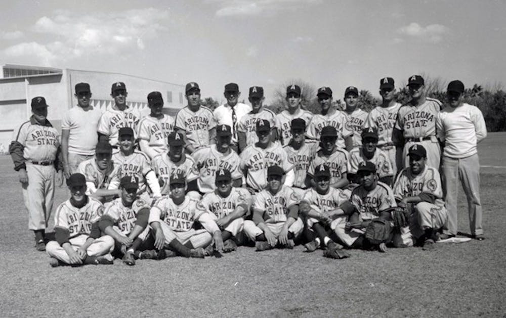 ASC 1955 baseball team, composed primarily of players from the 1954 season. Photo courtesy University Archives Photographs, Arizona State University Libraries.