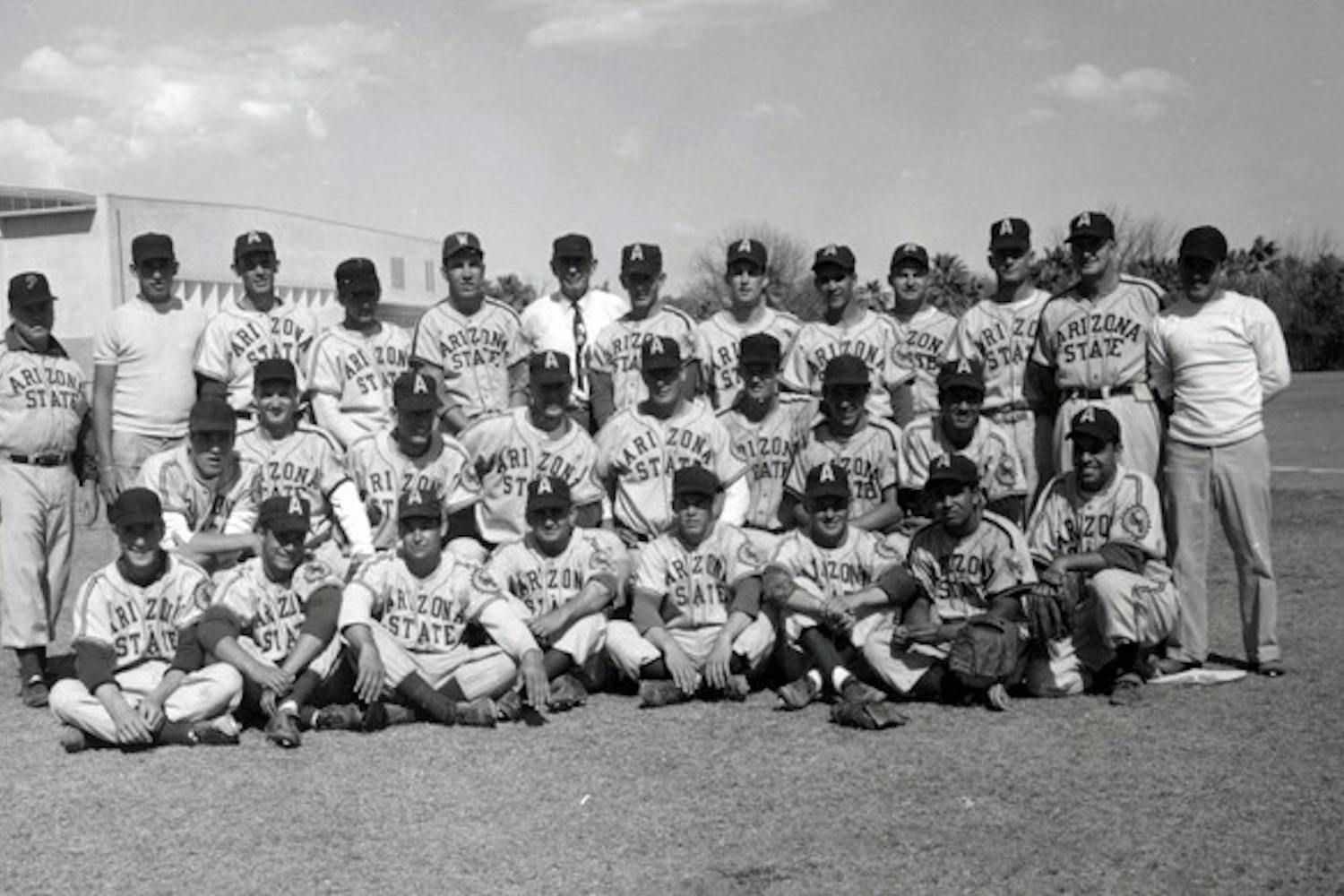 ASC 1955 baseball team, composed primarily of players from the 1954 season. Photo courtesy University Archives Photographs, Arizona State University Libraries.