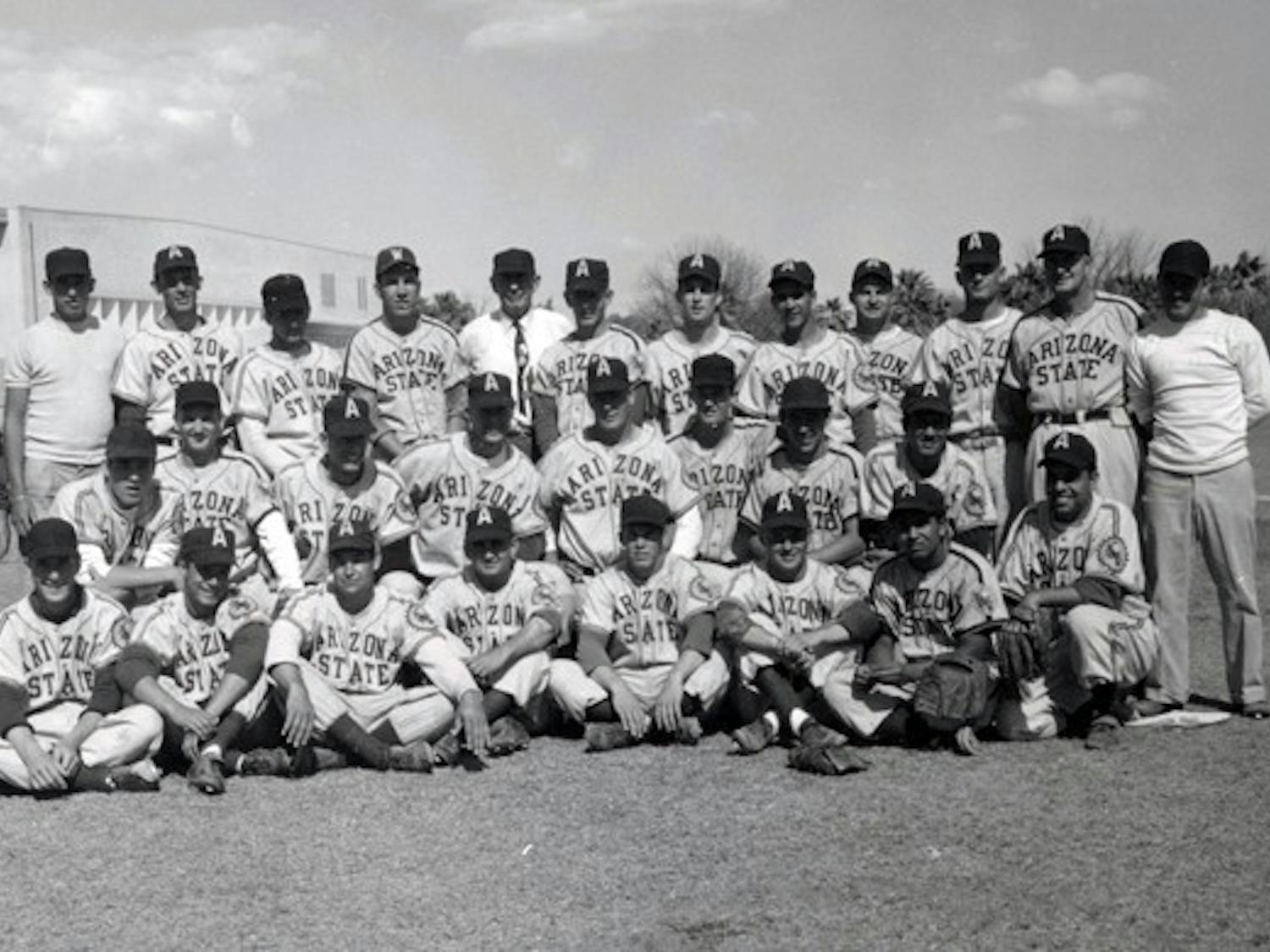 ASC 1955 baseball team, composed primarily of players from the 1954 season. Photo courtesy University Archives Photographs, Arizona State University Libraries.