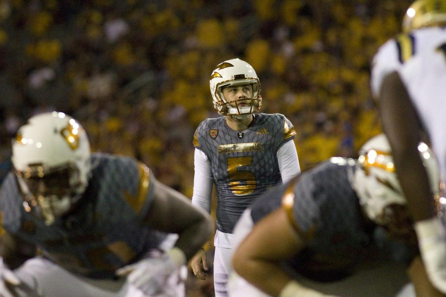 ASU senior kicker Zane Gonzalez (5) looks to the uprights before kicking a field goal in the second half of the 23-20 victory over the UCLA Bruins in Sun Devil Stadium in Tempe, Arizona, on Saturday, Oct. 8, 2016. Gonzalez broke the NCAA record for most field goals in a career in the game.