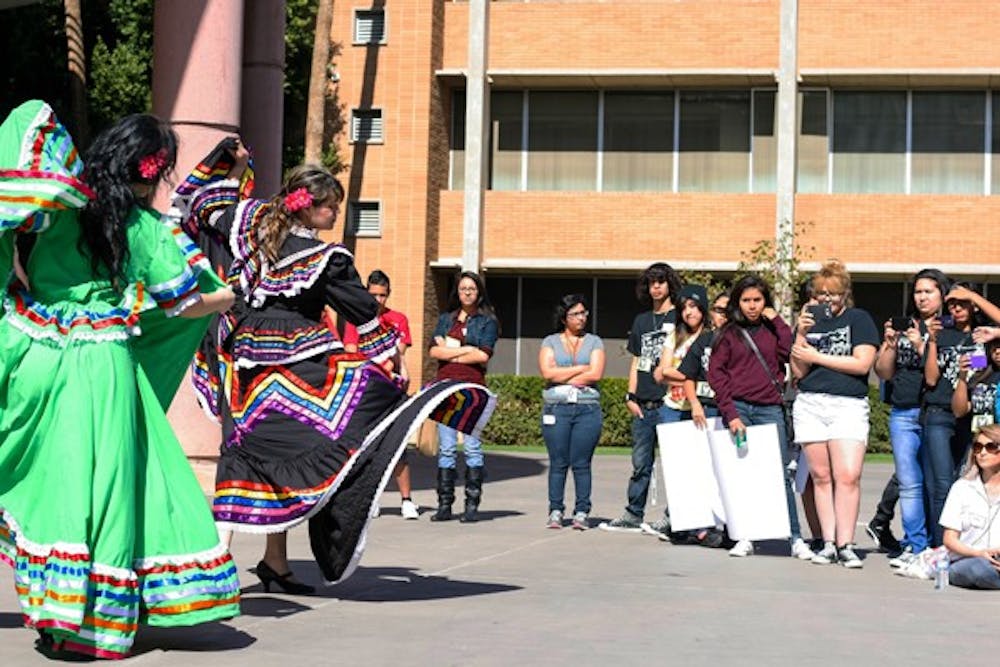 A ballet folklorico group danced during the lunch hour for the students at M.E.Ch.A's 7th Annual Youth Conference on Friday. (Photo by Perla Farias)