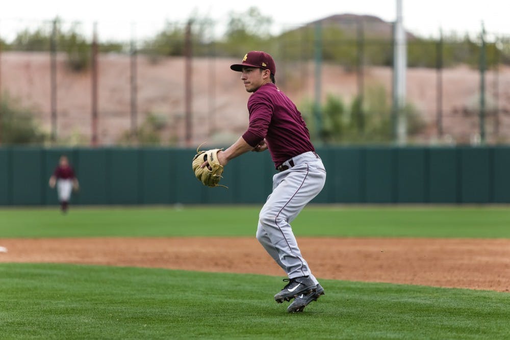 ASU reliever Jordan Aboites throws home during practice at the Phoenix Municipal Stadium on Jan. 28, 2015. 