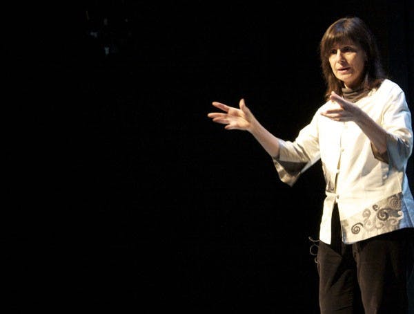 THE ART OF LIGHTING: Leni Schwendinger presented her work and tips about lighting effects for film and art at the Lyceum Theatre on the Tempe campus Monday afternoon. Schwendinger started her own company, Light Projects LTD and has been named Woman Entrepreneur of the Year among other numerous awards. (Photo by Kyle Thompson)