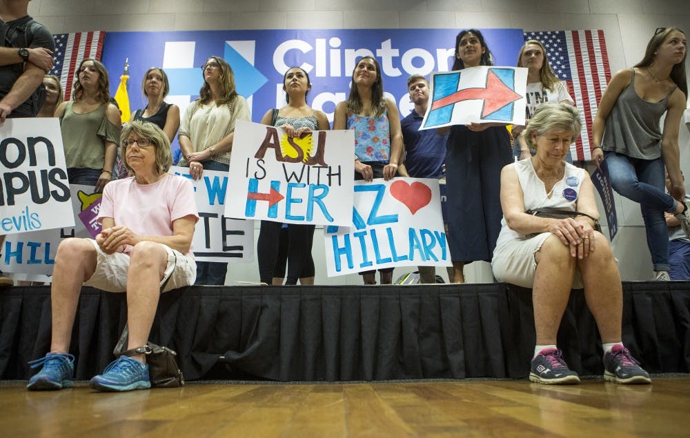 Supporters watch Chelsea Clinton speak during a stop for the Hillary Clinton campaign in the MU on the Tempe campus on Wednesday, Oct. 19, 2016. 