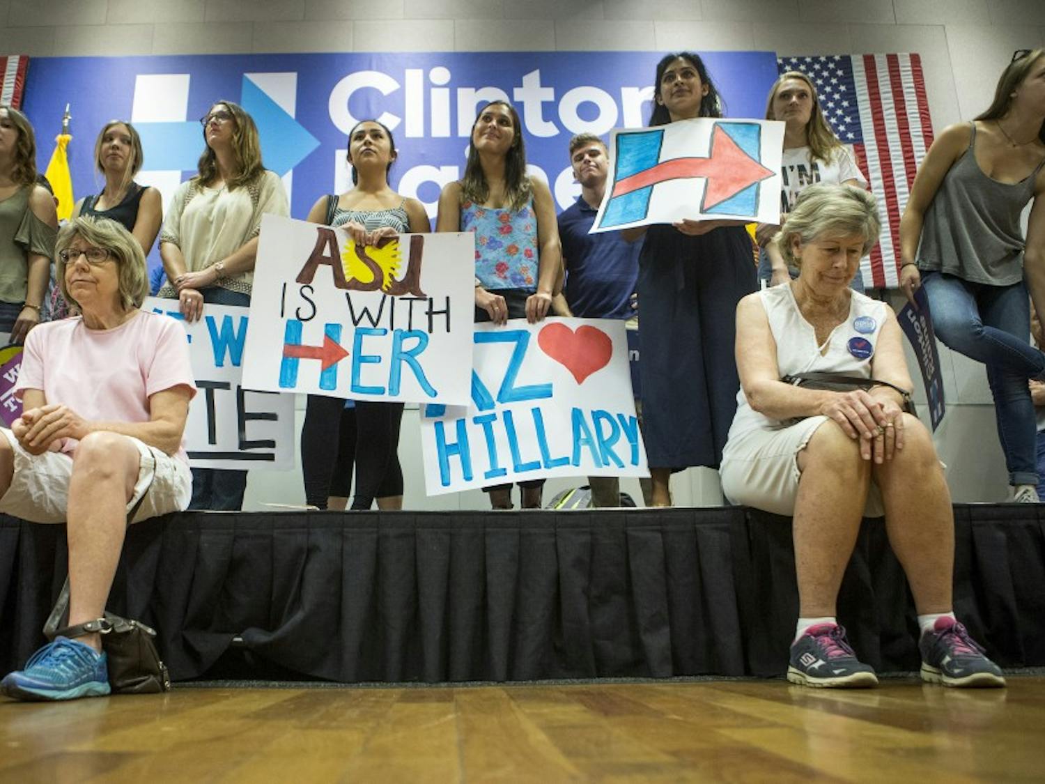 Supporters watch Chelsea Clinton speak during a stop for the Hillary Clinton campaign in the MU on the Tempe campus on Wednesday, Oct. 19, 2016. 
